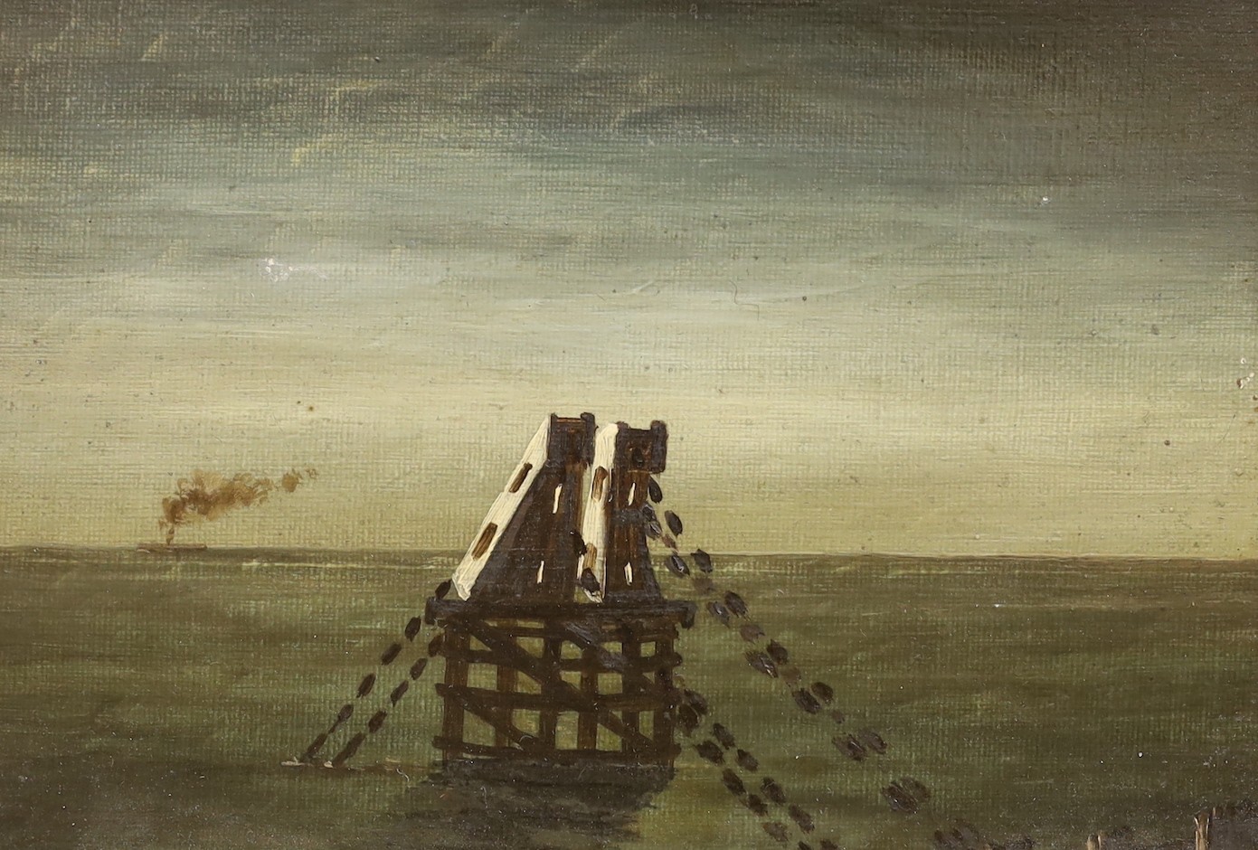 English School c.1800, pair of oils on canvas board, Primitive studies of the Brighton chain pier, 17 x 24cm